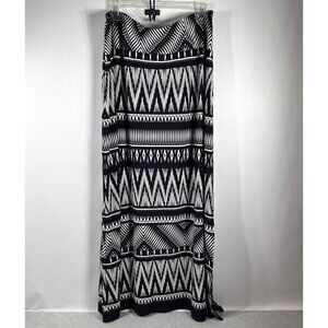 Chicos Size 3 Womens Maxi Skirt Geometric Tribal Print Black & White Side Slit‎